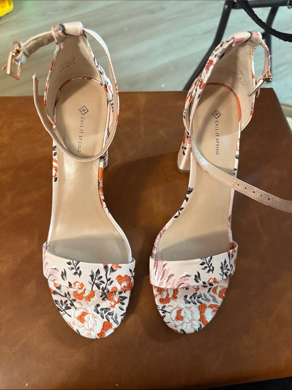 Call It Spring Floral Ankle-Strap Heels in Pink and Orange